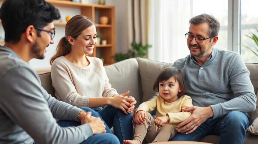 Familie discutând despre limite sănătoase și comunicare eficientă.