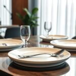 Farfurii cu ventuză și tacâmuri ergonomice pe masă.