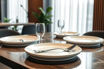 Farfurii cu ventuză și tacâmuri ergonomice pe masă.