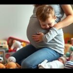 Copil îmbrățișând burtica mamei în așteptarea unui frate sau surori