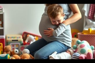 Copil îmbrățișând burtica mamei în așteptarea unui frate sau surori