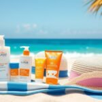 Produse de protecție solară pe plajă, incluzând creme și pălării UV.