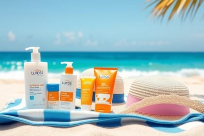 Produse de protecție solară pe plajă, incluzând creme și pălării UV.