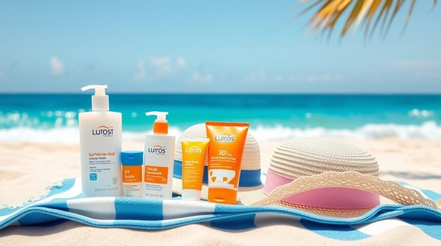 Produse de protecție solară pe plajă, incluzând creme și pălării UV.