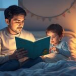Tată citind o poveste copilului înainte de culcare.