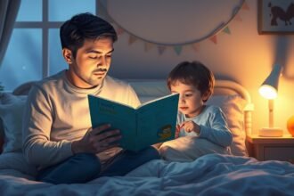 Tată citind o poveste copilului înainte de culcare.