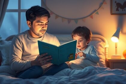 Tată citind o poveste copilului înainte de culcare.
