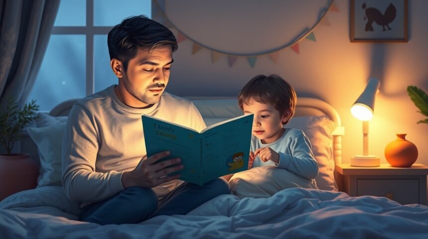 Tată citind o poveste copilului înainte de culcare.