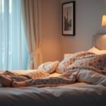 Persoană în pijamale confortabile pe un pat pregătit pentru somn.