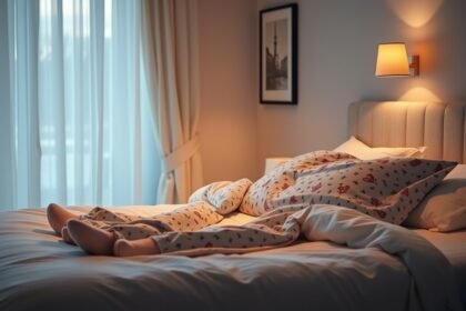 Persoană în pijamale confortabile pe un pat pregătit pentru somn.