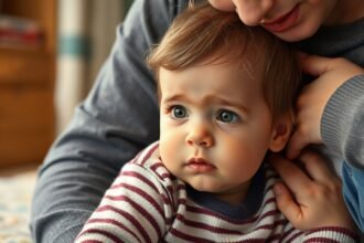 Băiețel cu expresie îngrijorată în brațele mamei, discutând despre anxietatea de separare.