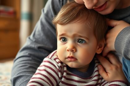 Băiețel cu expresie îngrijorată în brațele mamei, discutând despre anxietatea de separare.