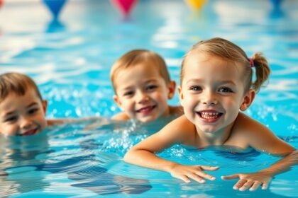 Trei copii se distrează în bazinul de înot, zâmbind cu bucurie.