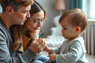 Părinți îngrijindu-se de copilul lor mic, abordând problemele dermatologice.