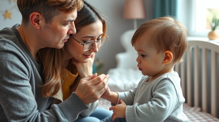 Părinți îngrijindu-se de copilul lor mic, abordând problemele dermatologice.