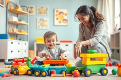 Copil și mamă jucându-se cu jucării colorate în cameră