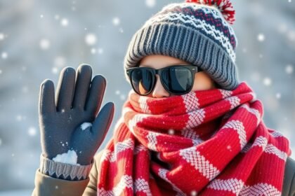 Persoană îmbrăcată în accesorii de iarnă: mănuși, fulare și căciuli