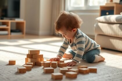 Copil mic jucându-se cu blocuri de lemn pe covor