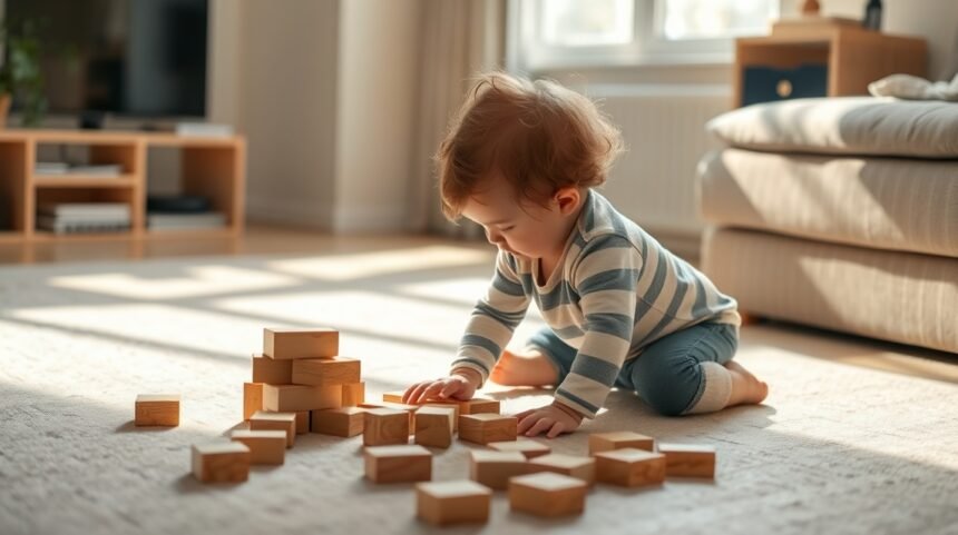Copil mic jucându-se cu blocuri de lemn pe covor