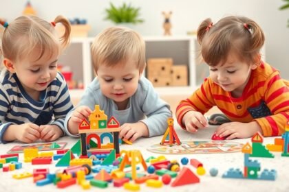 Copii jucându-se cu seturi de construcție și puzzle-uri colorate