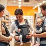 Familii alegând un sistem de purtare ergonomic pentru copii la magazin