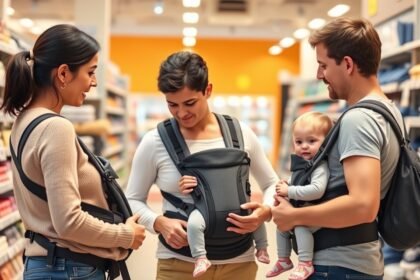 Familii alegând un sistem de purtare ergonomic pentru copii la magazin