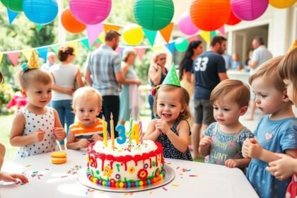 Copii se bucură de tortul aniversar la o petrecere de 3 ani