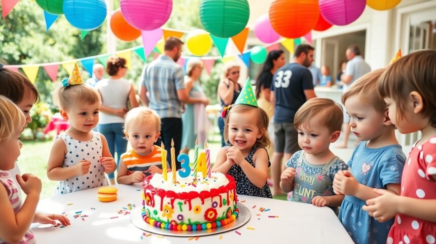 Copii se bucură de tortul aniversar la o petrecere de 3 ani