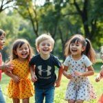 Grup de copii jucându-se și zâmbind în parc