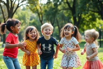 Grup de copii jucându-se și zâmbind în parc