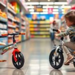 Copil alegând între o tricicletă și o bicicletă fără pedale într-un magazin