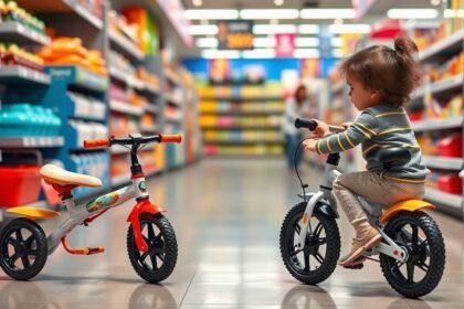 Copil alegând între o tricicletă și o bicicletă fără pedale într-un magazin