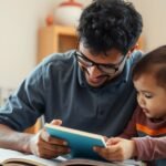 Tată și copil citind împreună, promovând educația și îngrijirea