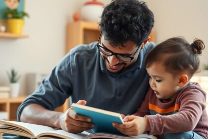 Tată și copil citind împreună, promovând educația și îngrijirea