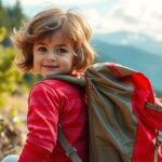 Fetiță zâmbitoare cu rucsac de explorator în natură