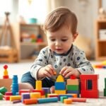 Copil mic jucându-se cu blocuri colorate pentru dezvoltarea motricității fine