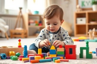 Copil mic jucându-se cu blocuri colorate pentru dezvoltarea motricității fine