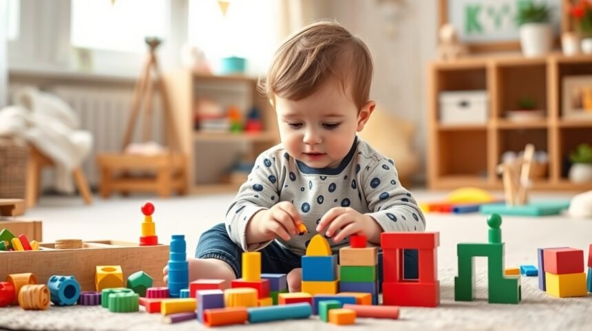 Copil mic jucându-se cu blocuri colorate pentru dezvoltarea motricității fine