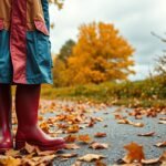 Persoană purtând haină de ploaie și cizme de cauciuc pe un drum acoperit de frunze de toamnă