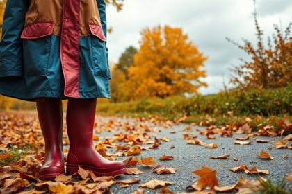 Persoană purtând haină de ploaie și cizme de cauciuc pe un drum acoperit de frunze de toamnă