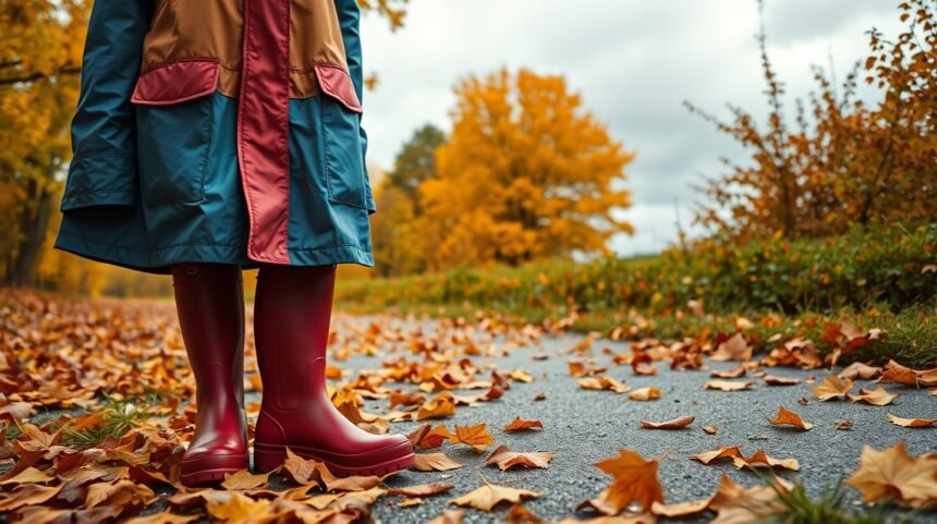 Persoană purtând haină de ploaie și cizme de cauciuc pe un drum acoperit de frunze de toamnă