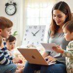 Mama lucrand la laptop cu copii mici jucandu-se in jurul ei