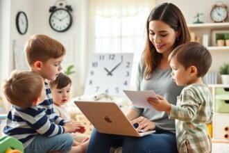Mama lucrand la laptop cu copii mici jucandu-se in jurul ei