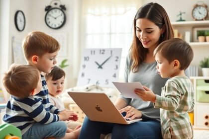 Mama lucrand la laptop cu copii mici jucandu-se in jurul ei