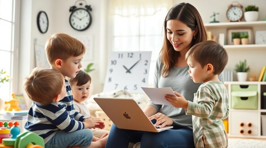 Mama lucrand la laptop cu copii mici jucandu-se in jurul ei